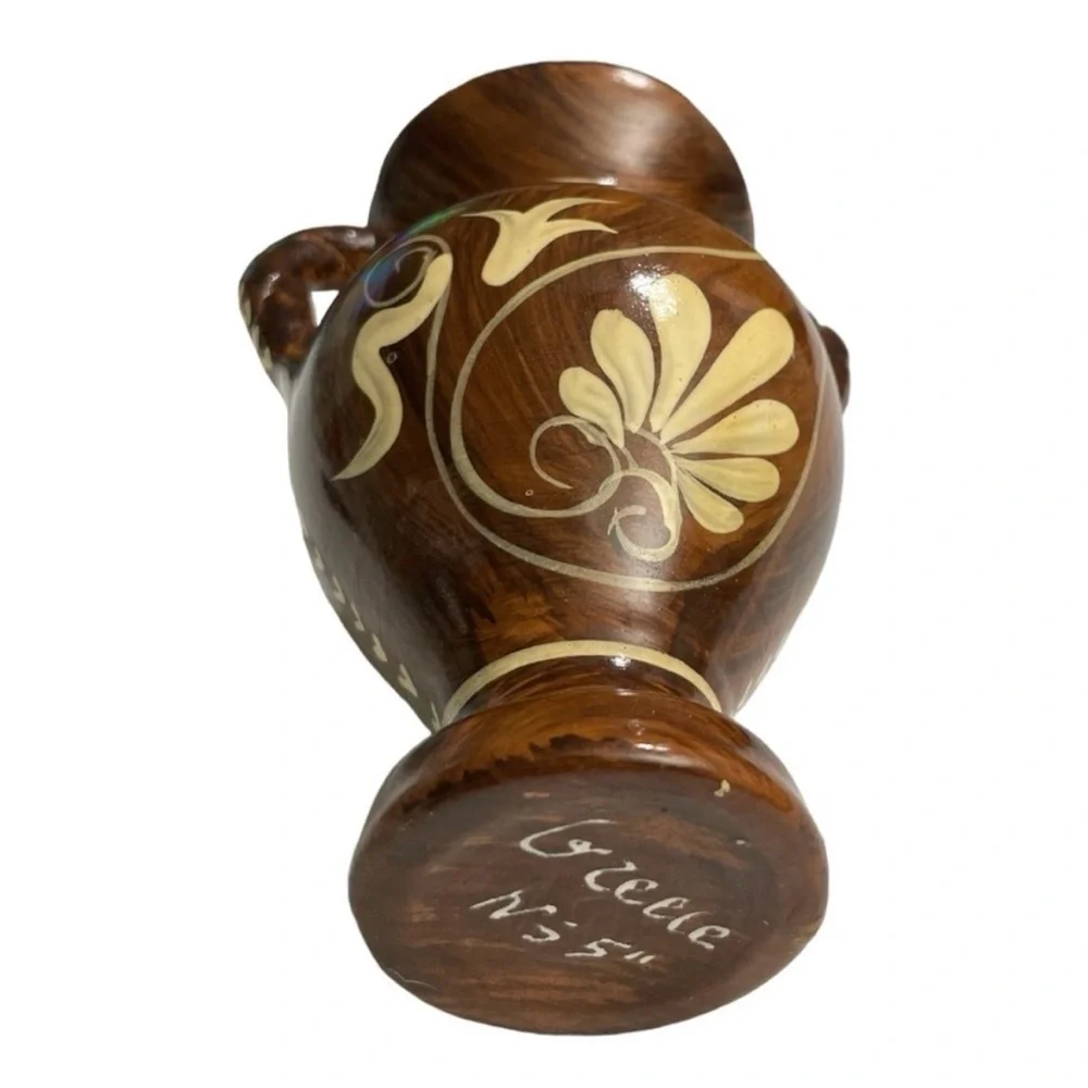 Vintage Signed Handmade Greek Pottery Vase Woman Double Handle Made in Greece